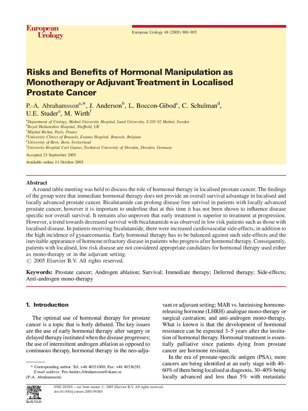 Risks and Benefits of Hormonal Manipulation as Monotherapy or Adjuvant Treatment in Localised Prostate Cancer