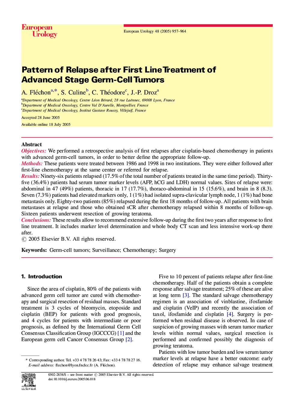 Pattern of Relapse after First Line Treatment of Advanced Stage Germ-Cell Tumors