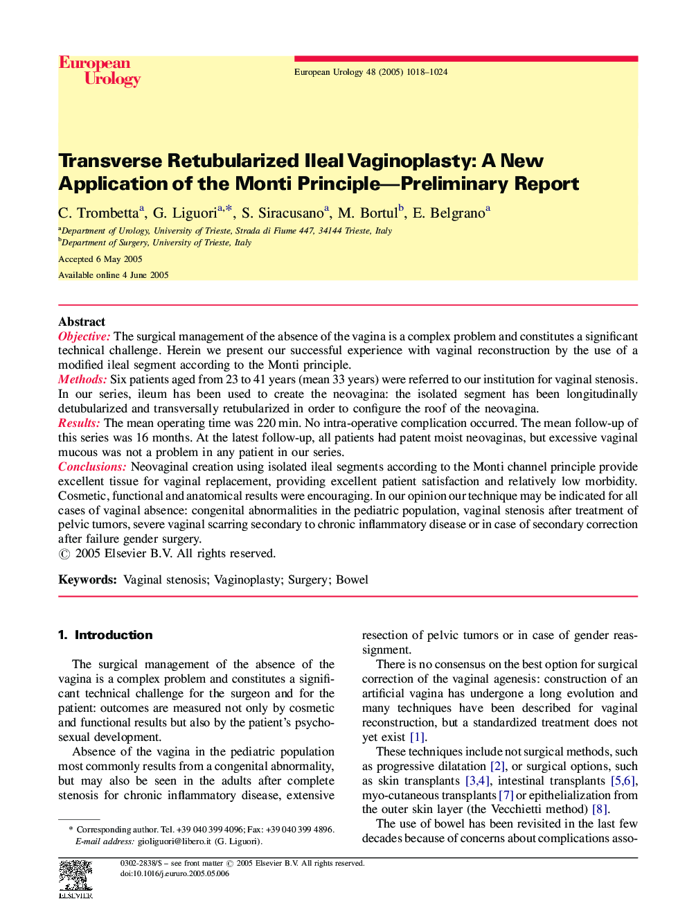 Transverse Retubularized Ileal Vaginoplasty: A New Application of the Monti Principle-Preliminary Report