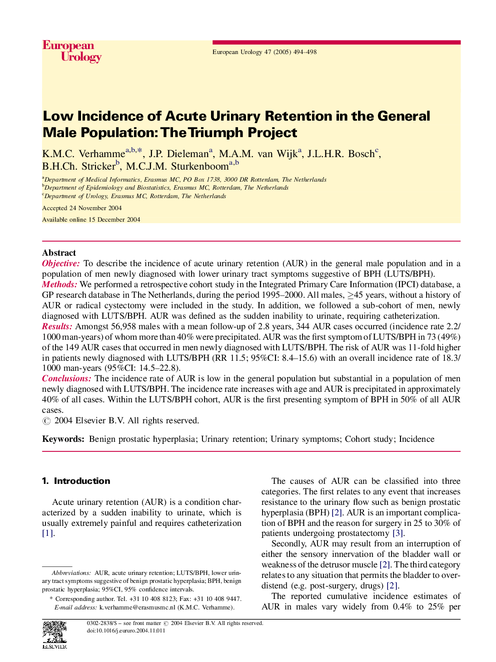 Low Incidence of Acute Urinary Retention in the General Male Population: The Triumph Project