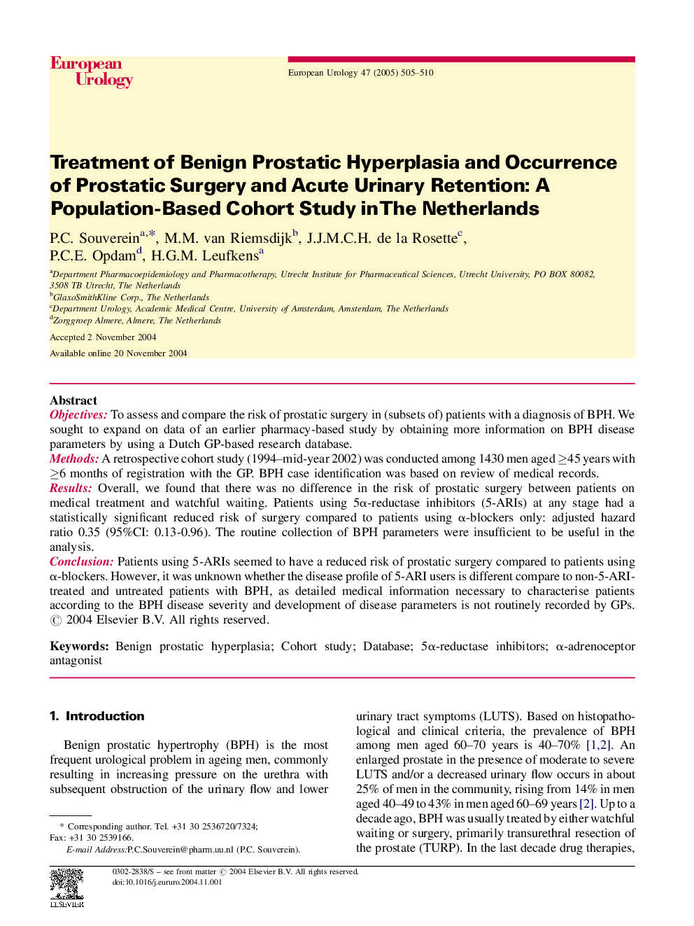 Treatment of Benign Prostatic Hyperplasia and Occurrence of Prostatic Surgery and Acute Urinary Retention: A Population-Based Cohort Study in The Netherlands