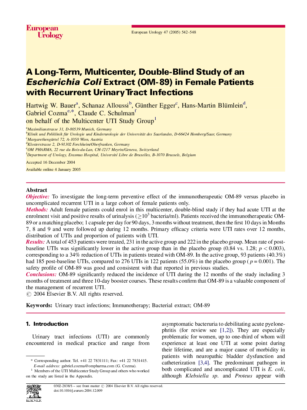 A Long-Term, Multicenter, Double-Blind Study of an Escherichia Coli Extract (OM-89) in Female Patients with Recurrent Urinary Tract Infections