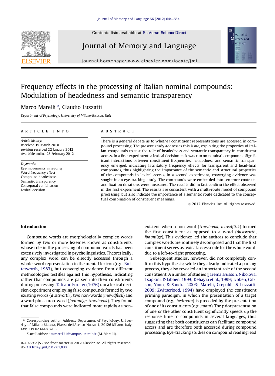 Frequency effects in the processing of Italian nominal compounds: Modulation of headedness and semantic transparency