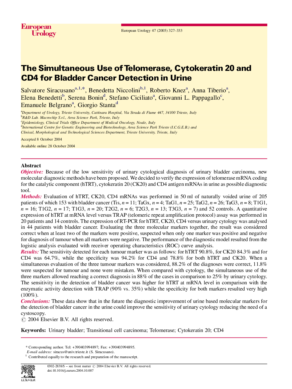 The Simultaneous Use of Telomerase, Cytokeratin 20 and CD4 for Bladder Cancer Detection in Urine