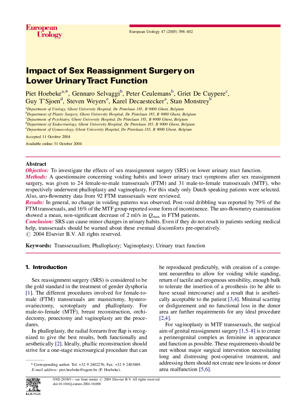 Impact of Sex Reassignment Surgery on Lower Urinary Tract Function