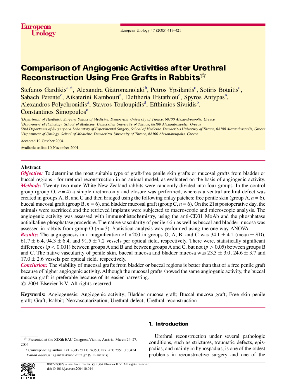 Comparison of Angiogenic Activities after Urethral Reconstruction Using Free Grafts in Rabbits