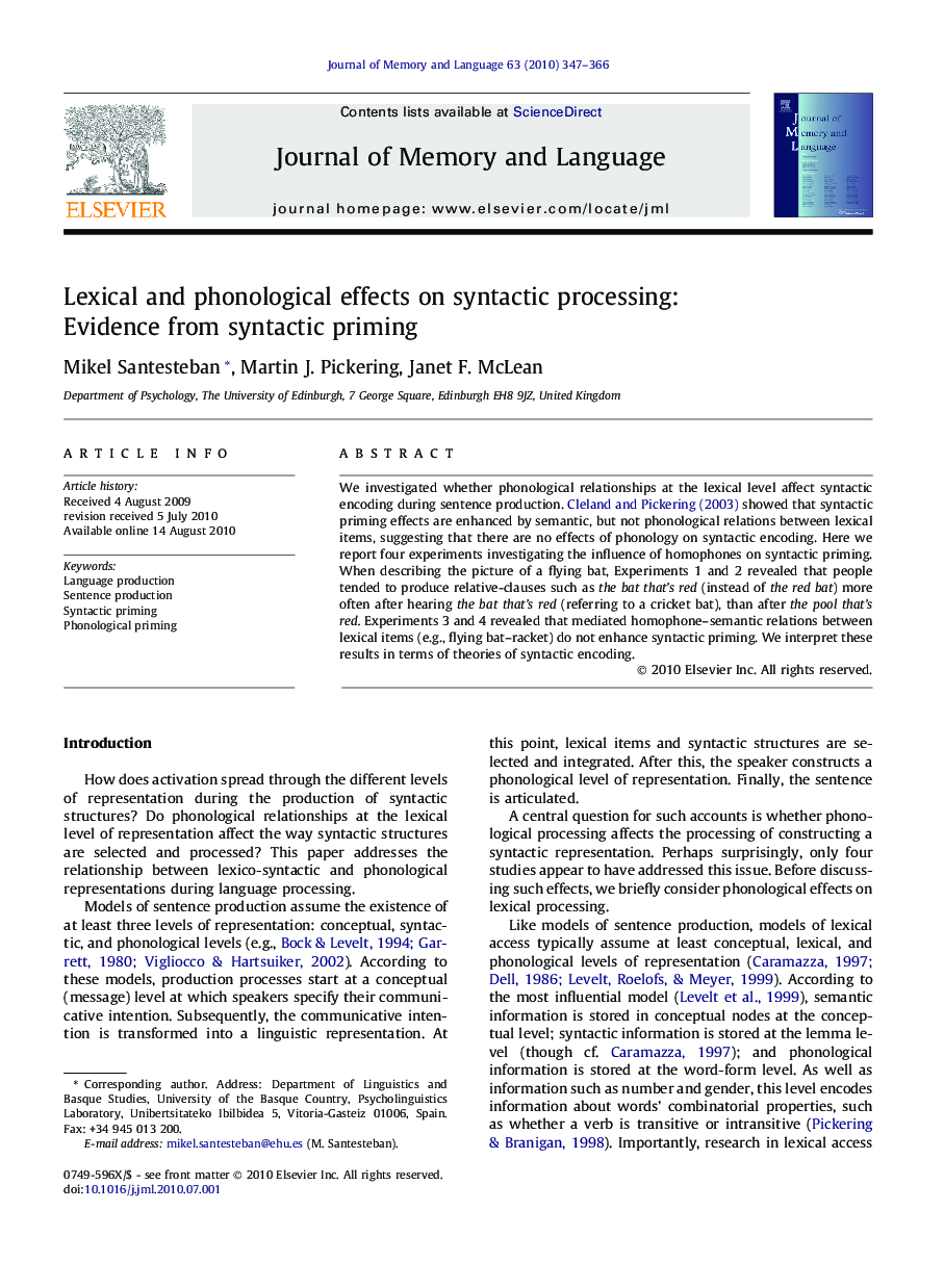 Lexical and phonological effects on syntactic processing: Evidence from syntactic priming