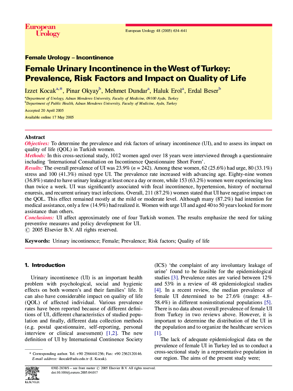 Female Urinary Incontinence in the West of Turkey: Prevalence, Risk Factors and Impact on Quality of Life