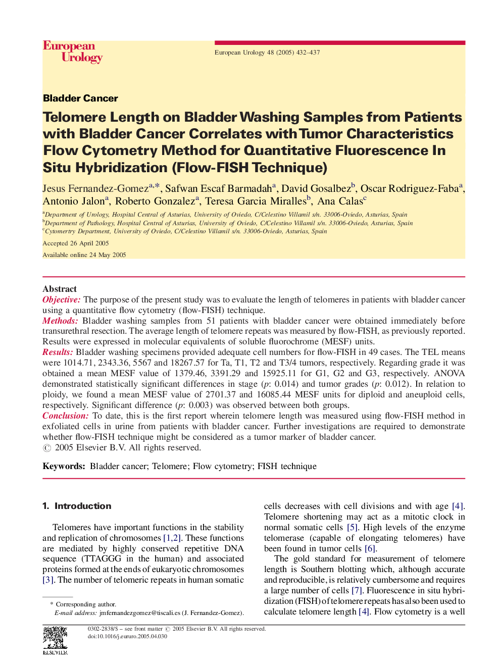 Telomere Length on Bladder Washing Samples from Patients with Bladder Cancer Correlates with Tumor Characteristics