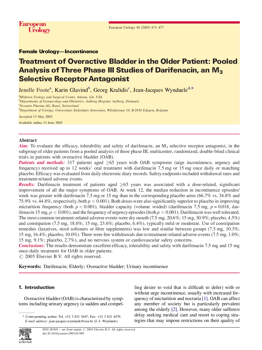 Treatment of Overactive Bladder in the Older Patient: Pooled Analysis of Three Phase III Studies of Darifenacin, an M3 Selective Receptor Antagonist