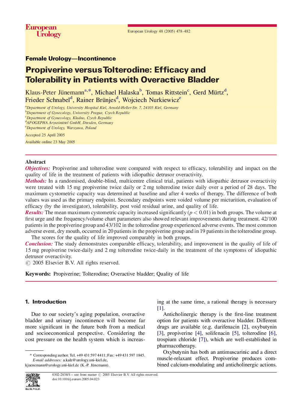 Propiverine versus Tolterodine: Efficacy and Tolerability in Patients with Overactive Bladder