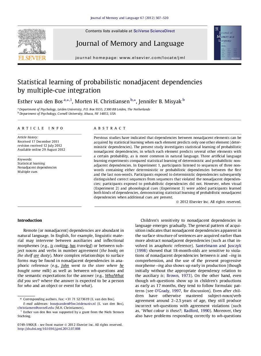 Statistical learning of probabilistic nonadjacent dependencies by multiple-cue integration