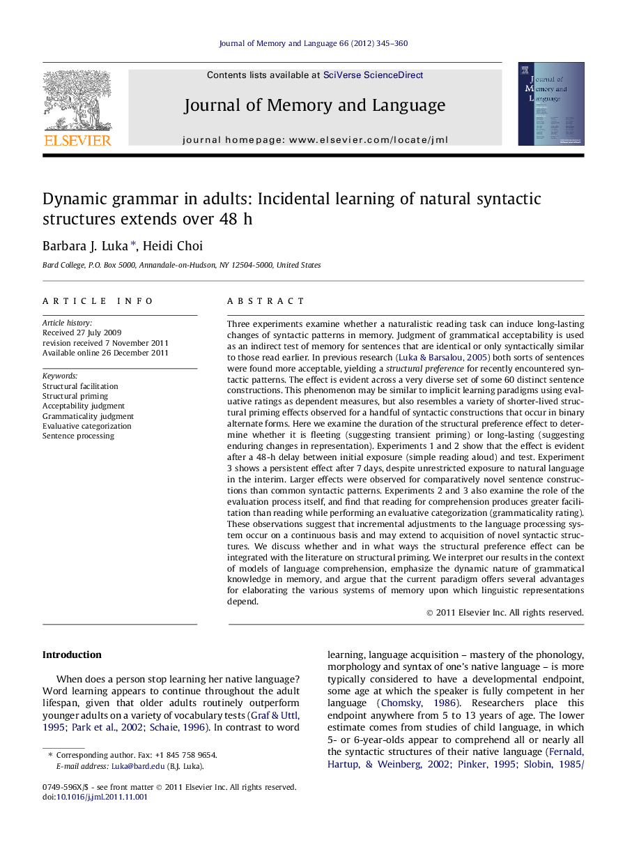 Dynamic grammar in adults: Incidental learning of natural syntactic structures extends over 48 h