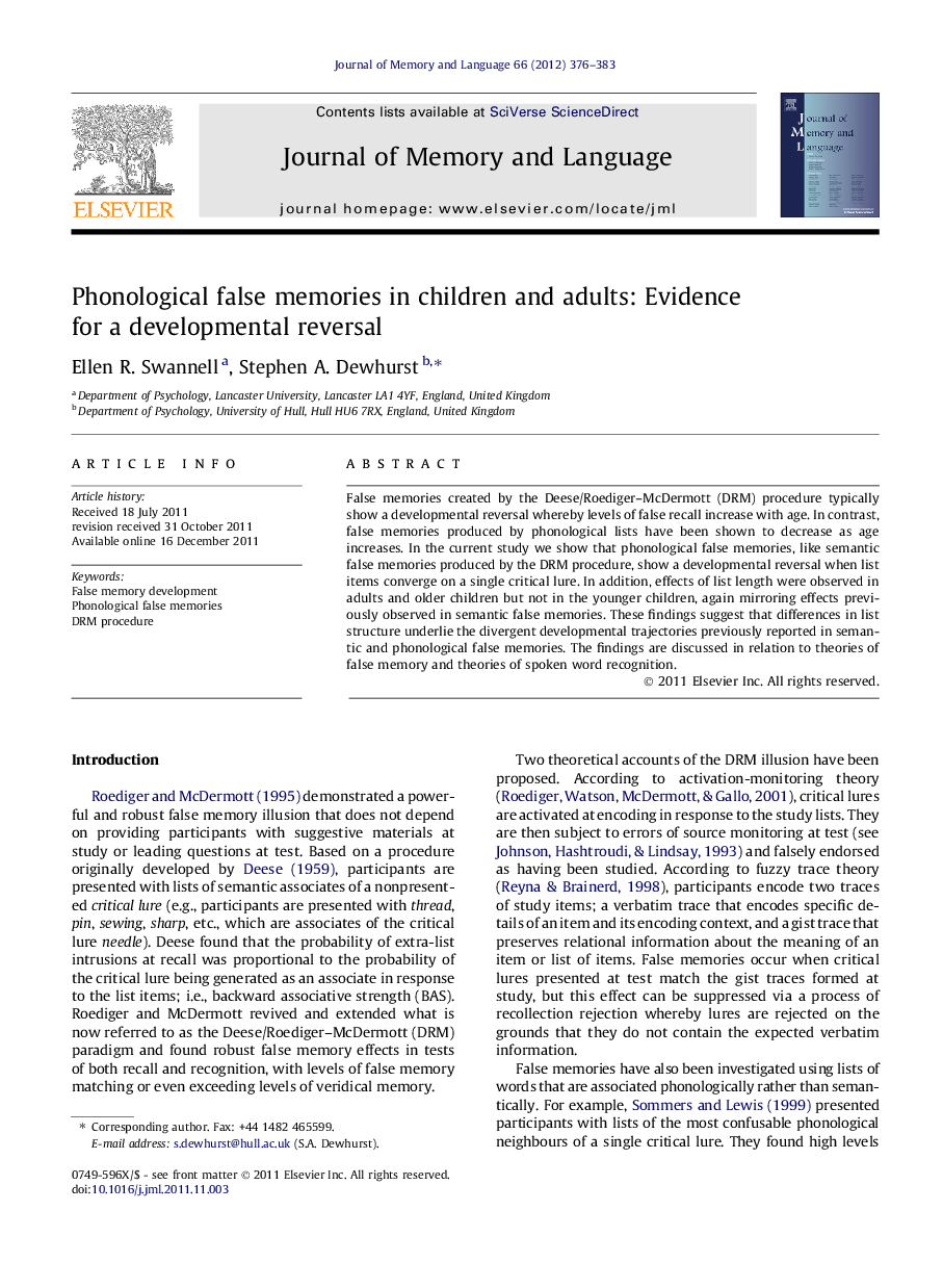 Phonological false memories in children and adults: Evidence for a developmental reversal
