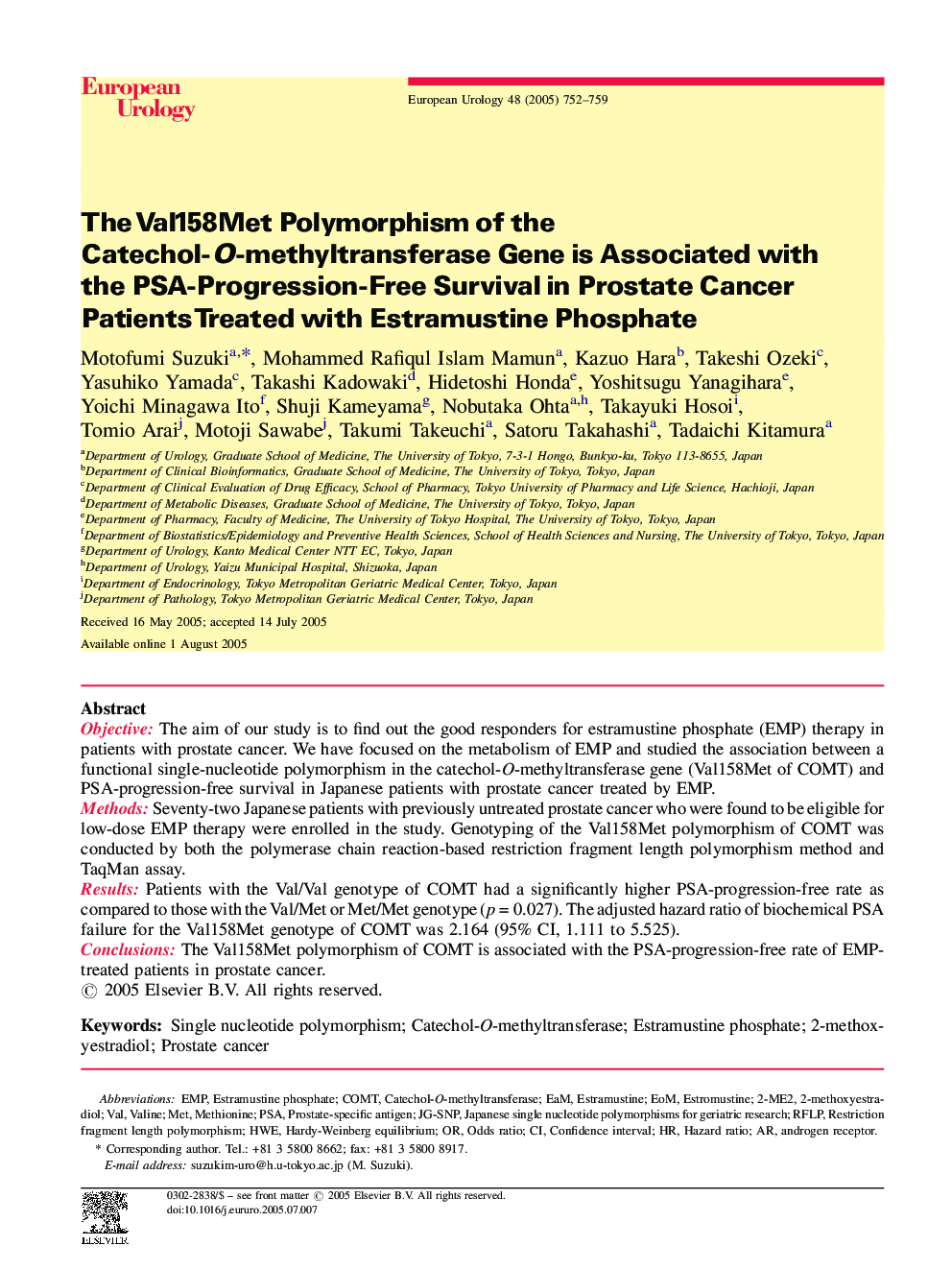 The Val158Met Polymorphism of the Catechol-O-methyltransferase Gene is Associated with the PSA-Progression-Free Survival in Prostate Cancer Patients Treated with Estramustine Phosphate