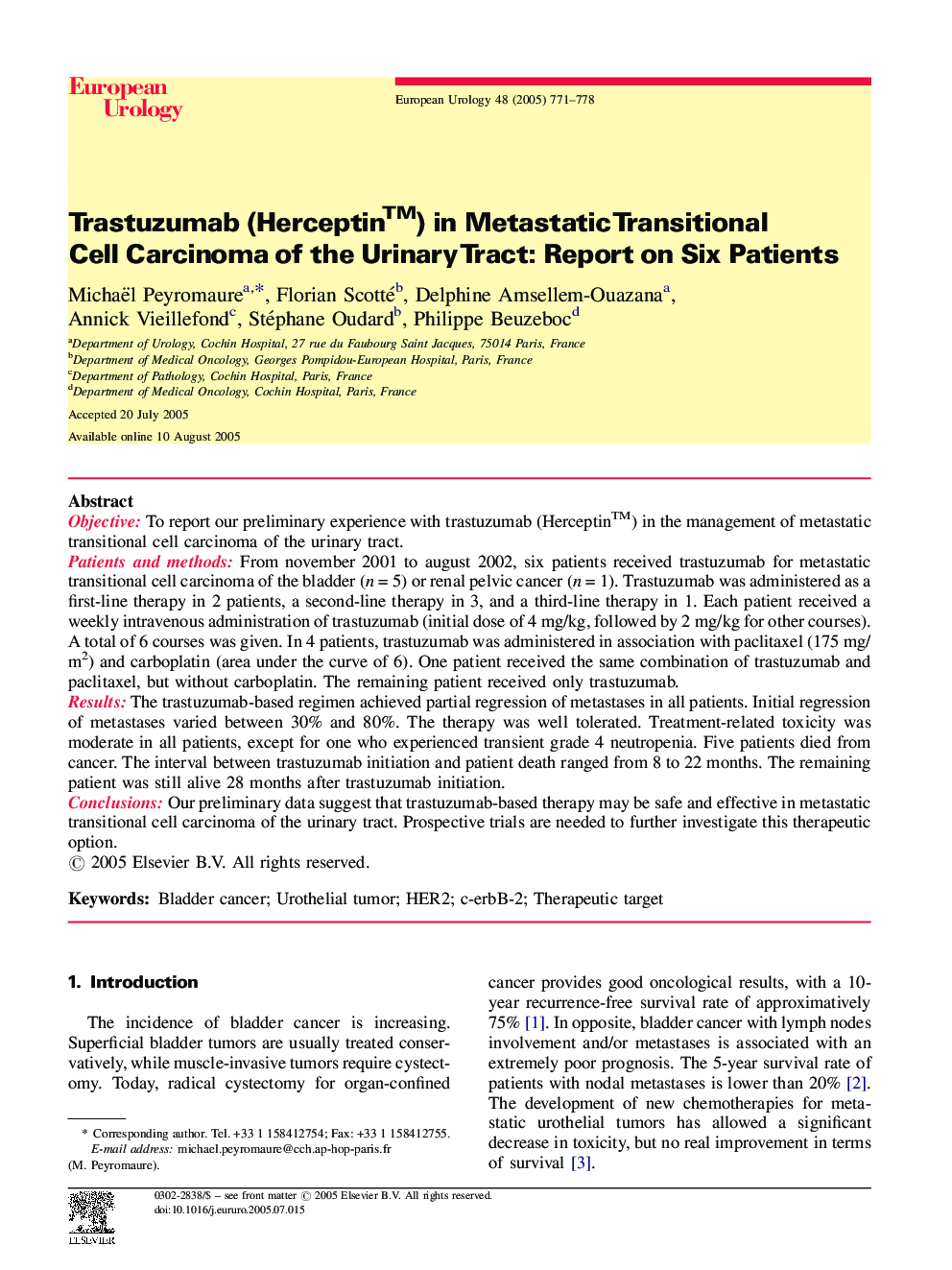 Trastuzumab (Herceptinâ¢) in Metastatic Transitional Cell Carcinoma of the Urinary Tract: Report on Six Patients