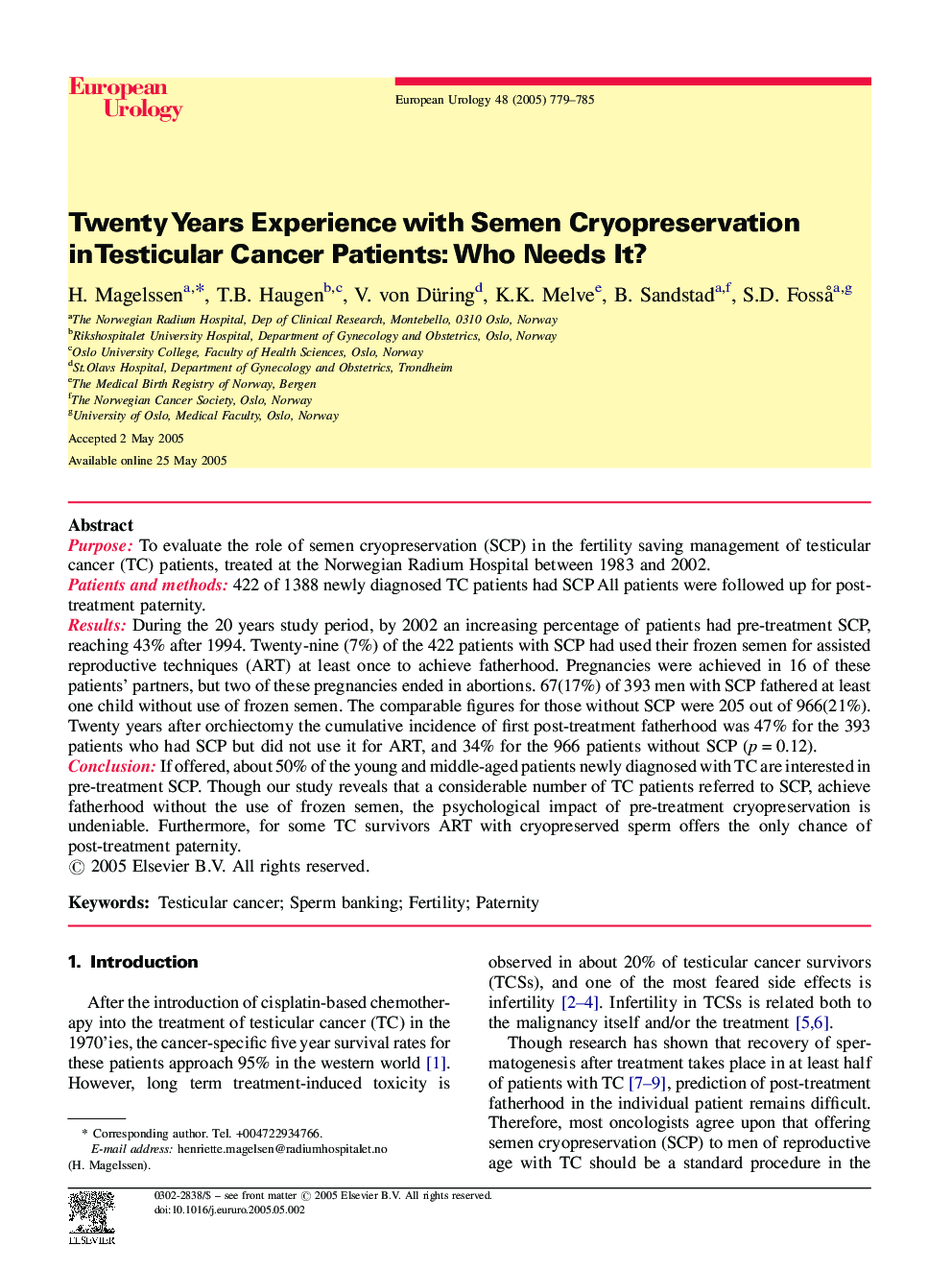 Twenty Years Experience with Semen Cryopreservation in Testicular Cancer Patients: Who Needs It?