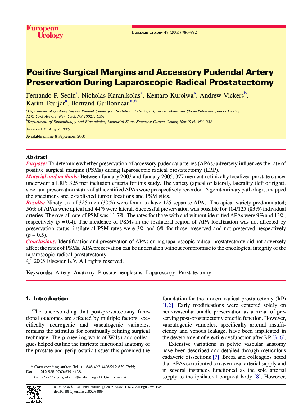 Positive Surgical Margins and Accessory Pudendal Artery Preservation During Laparoscopic Radical Prostatectomy