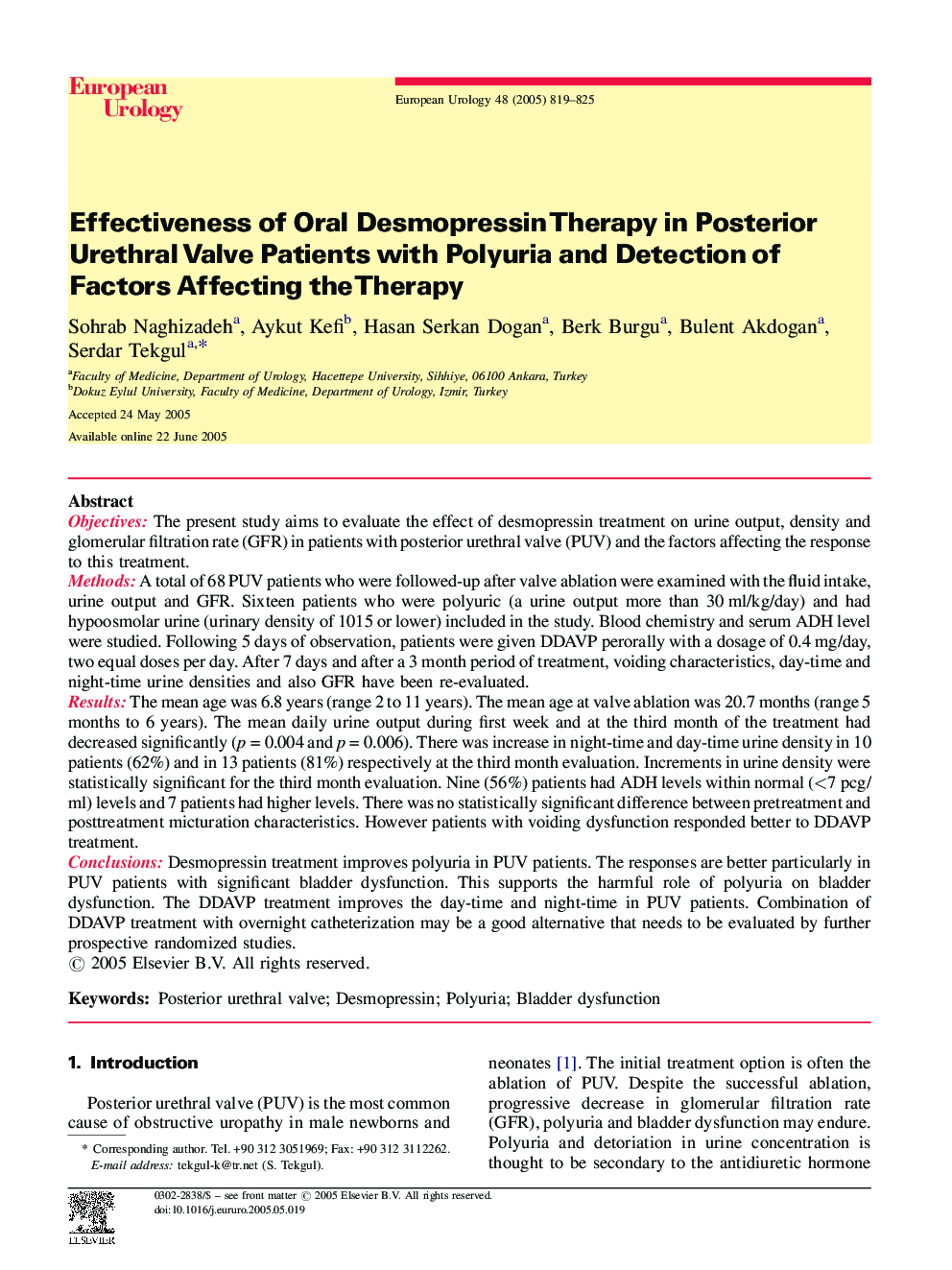 Effectiveness of Oral Desmopressin Therapy in Posterior Urethral Valve Patients with Polyuria and Detection of Factors Affecting the Therapy