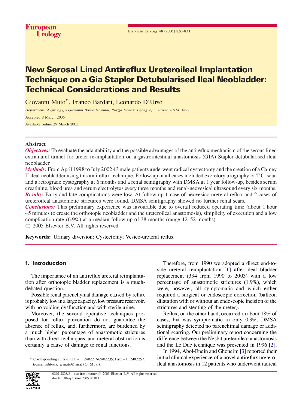 New Serosal Lined Antireflux Ureteroileal Implantation Technique on a Gia Stapler Detubularised Ileal Neobladder: Technical Considerations and Results