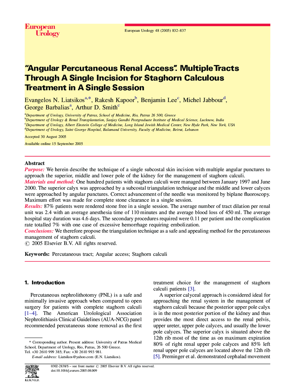 “Angular Percutaneous Renal Access”. Multiple Tracts Through A Single Incision for Staghorn Calculous Treatment in A Single Session