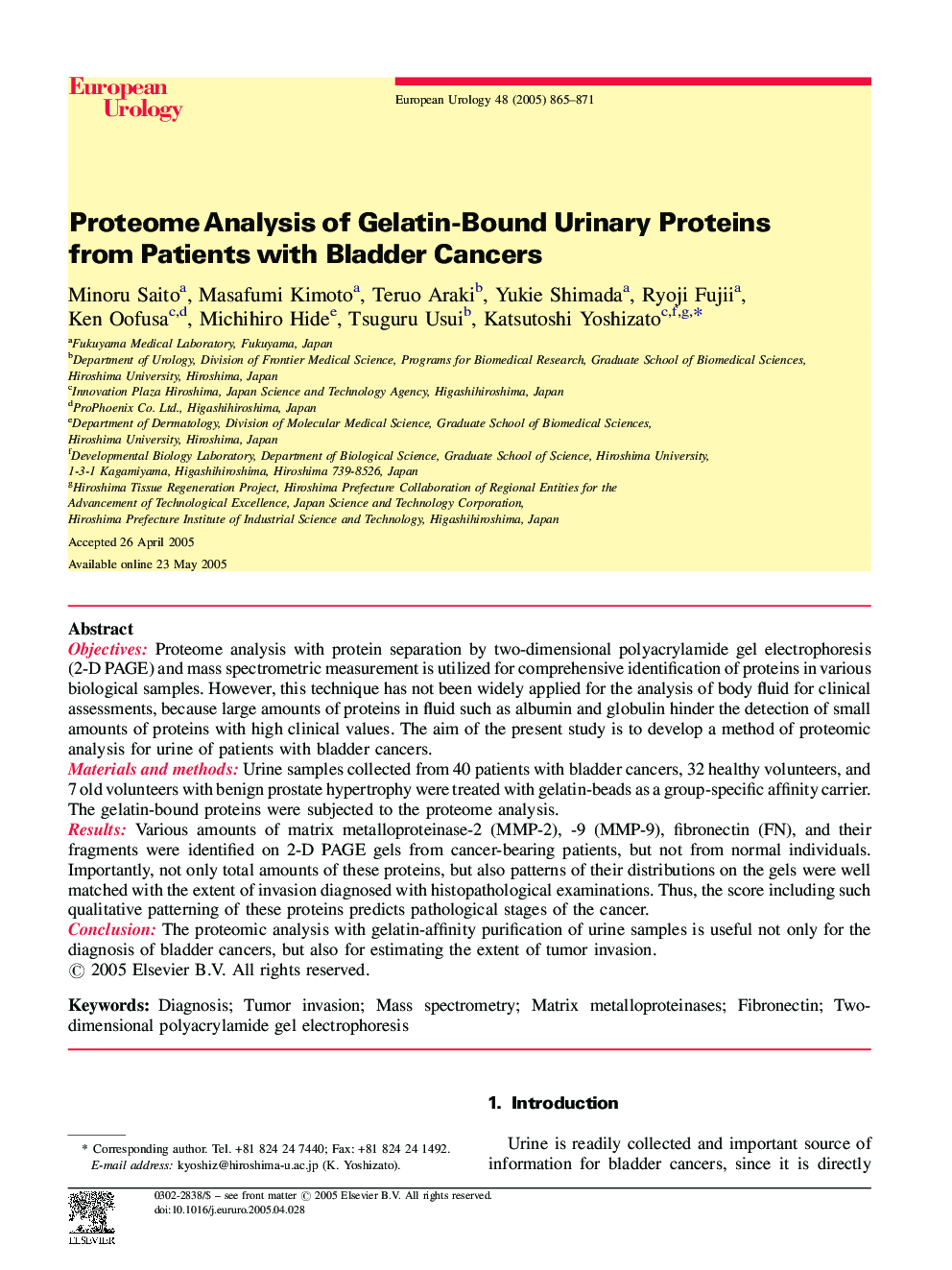 Proteome Analysis of Gelatin-Bound Urinary Proteins from Patients with Bladder Cancers