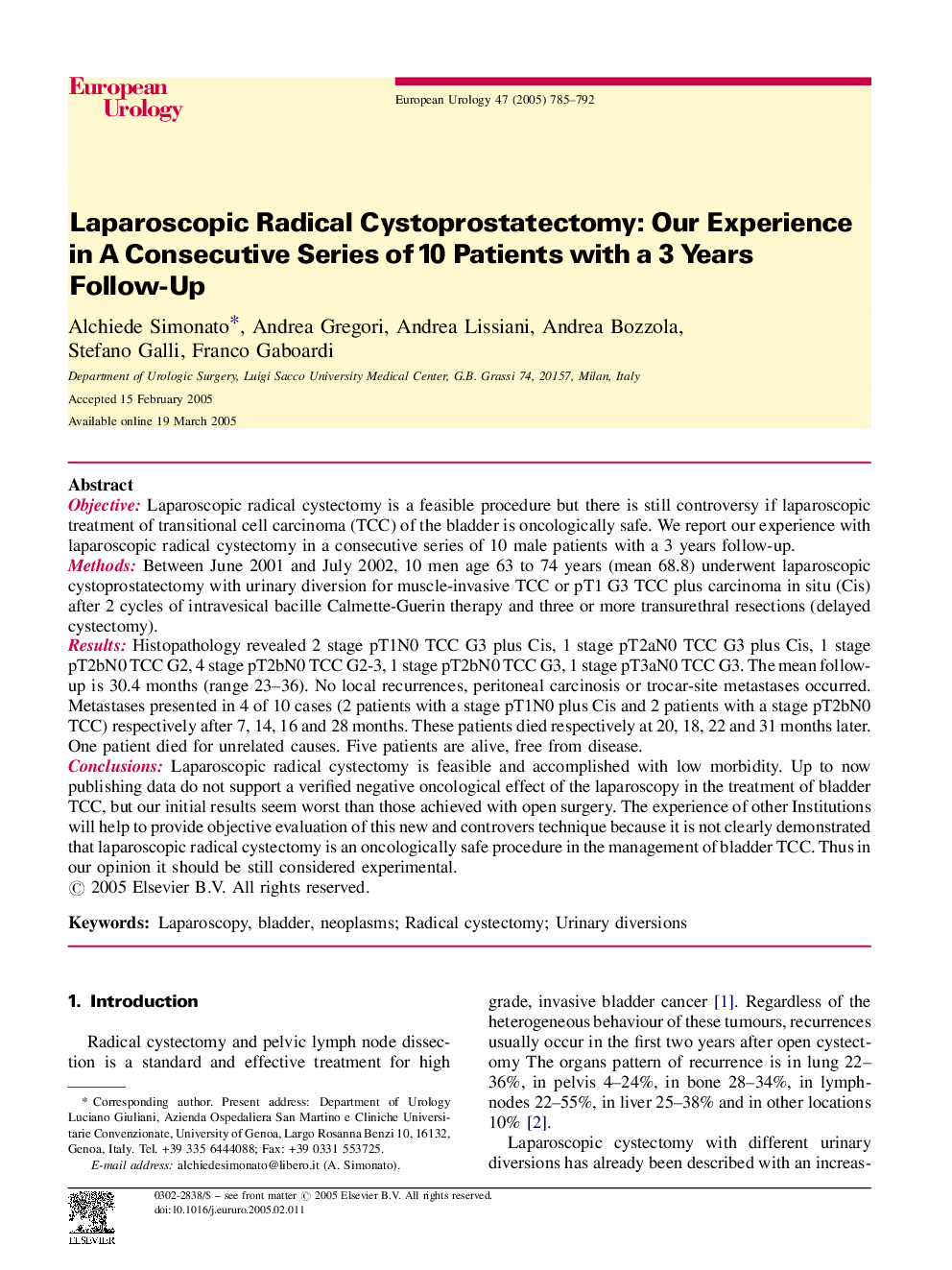 Laparoscopic Radical Cystoprostatectomy: Our Experience in A Consecutive Series of 10 Patients with a 3 Years Follow-Up