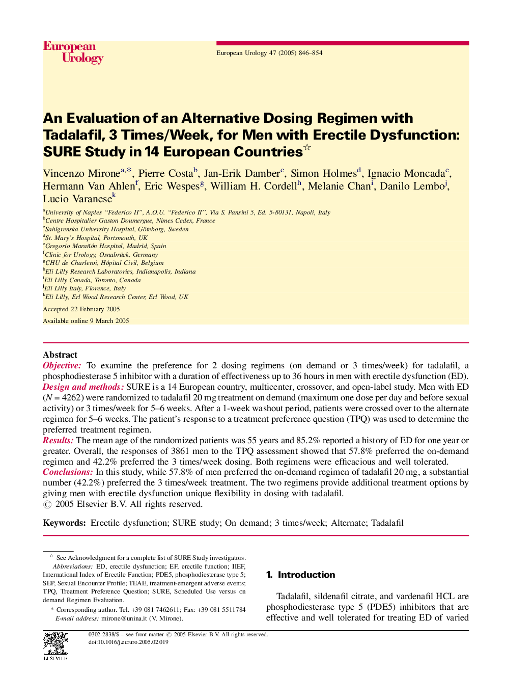 An Evaluation of an Alternative Dosing Regimen with Tadalafil, 3 Times/Week, for Men with Erectile Dysfunction: SURE Study in 14 European Countries