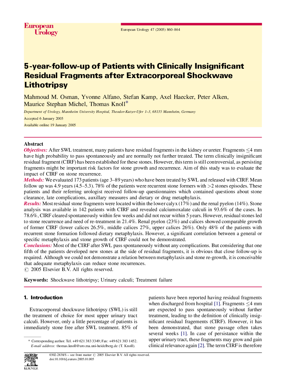 5-year-follow-up of Patients with Clinically Insignificant Residual Fragments after Extracorporeal Shockwave Lithotripsy