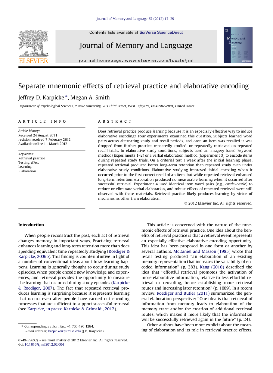 Separate mnemonic effects of retrieval practice and elaborative encoding