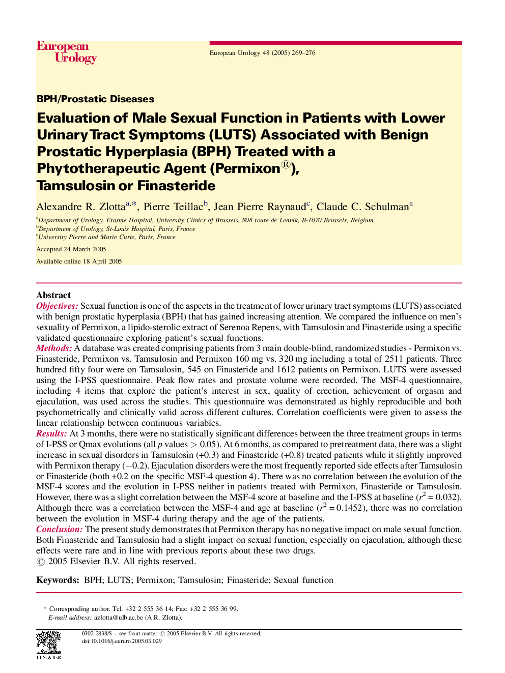 Evaluation of Male Sexual Function in Patients with Lower Urinary Tract Symptoms (LUTS) Associated with Benign Prostatic Hyperplasia (BPH) Treated with a Phytotherapeutic Agent (Permixon®), Tamsulosin or Finasteride