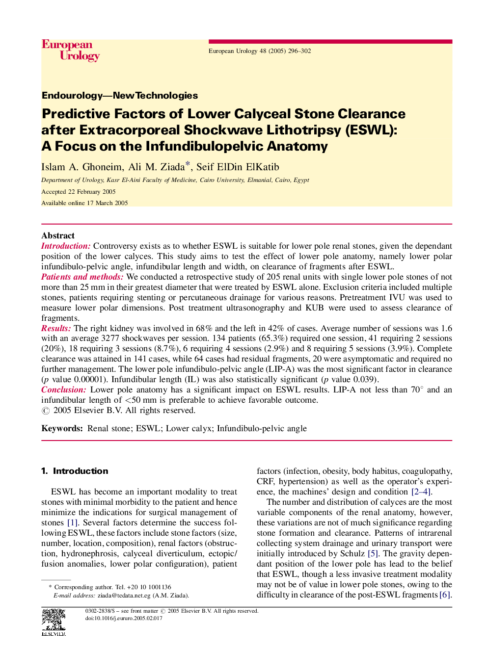 Predictive Factors of Lower Calyceal Stone Clearance after Extracorporeal Shockwave Lithotripsy (ESWL): A Focus on the Infundibulopelvic Anatomy