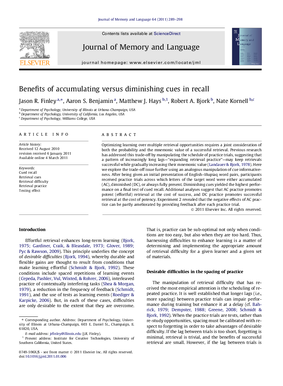 Benefits of accumulating versus diminishing cues in recall