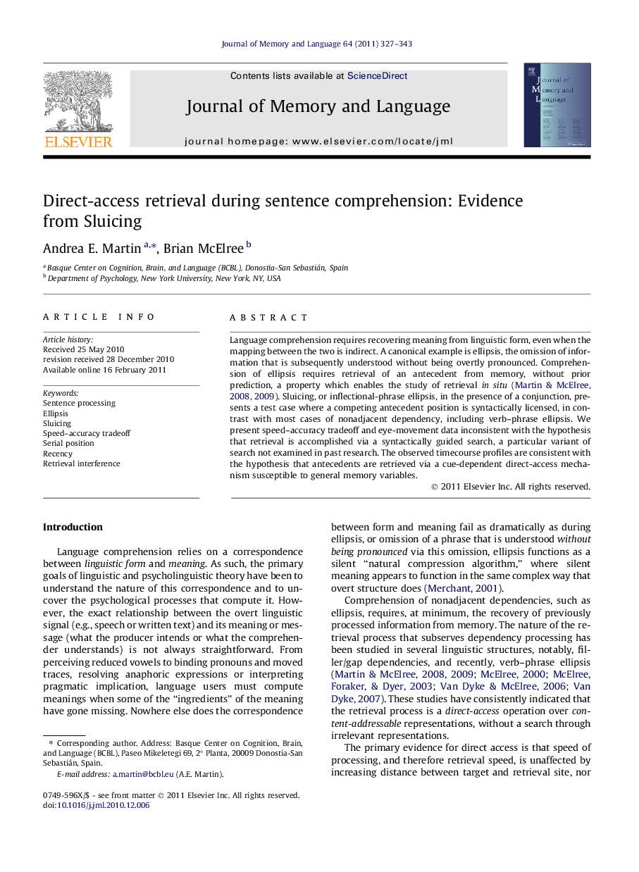 Direct-access retrieval during sentence comprehension: Evidence from Sluicing