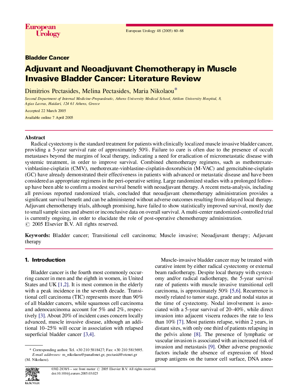 Adjuvant and Neoadjuvant Chemotherapy in Muscle Invasive Bladder Cancer: Literature Review