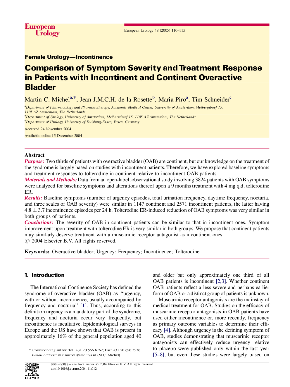 Comparison of Symptom Severity and Treatment Response in Patients with Incontinent and Continent Overactive Bladder