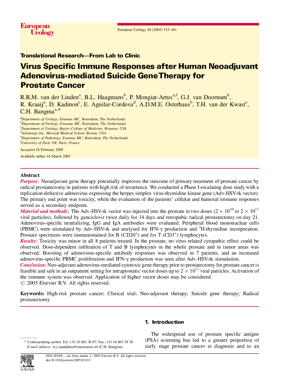 Virus Specific Immune Responses after Human Neoadjuvant Adenovirus-mediated Suicide Gene Therapy for Prostate Cancer