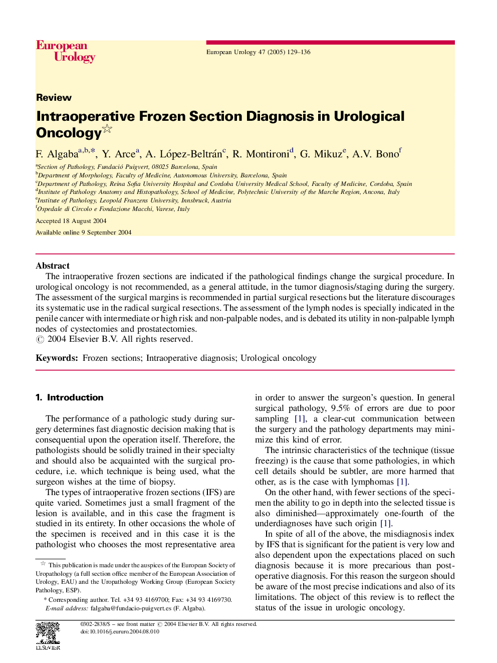 Intraoperative Frozen Section Diagnosis in Urological Oncology