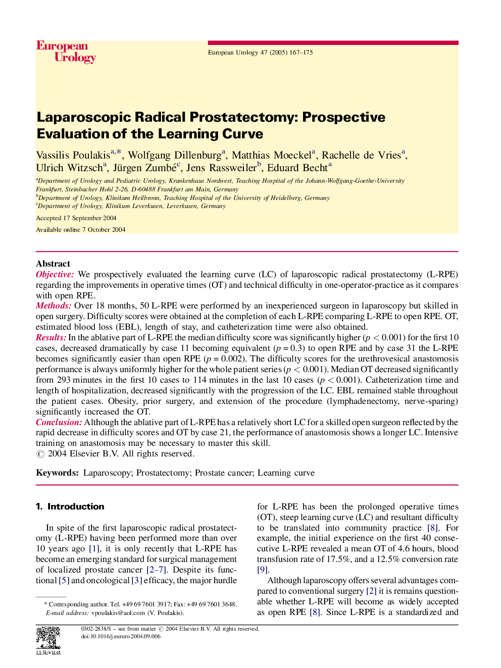Laparoscopic Radical Prostatectomy: Prospective Evaluation of the Learning Curve