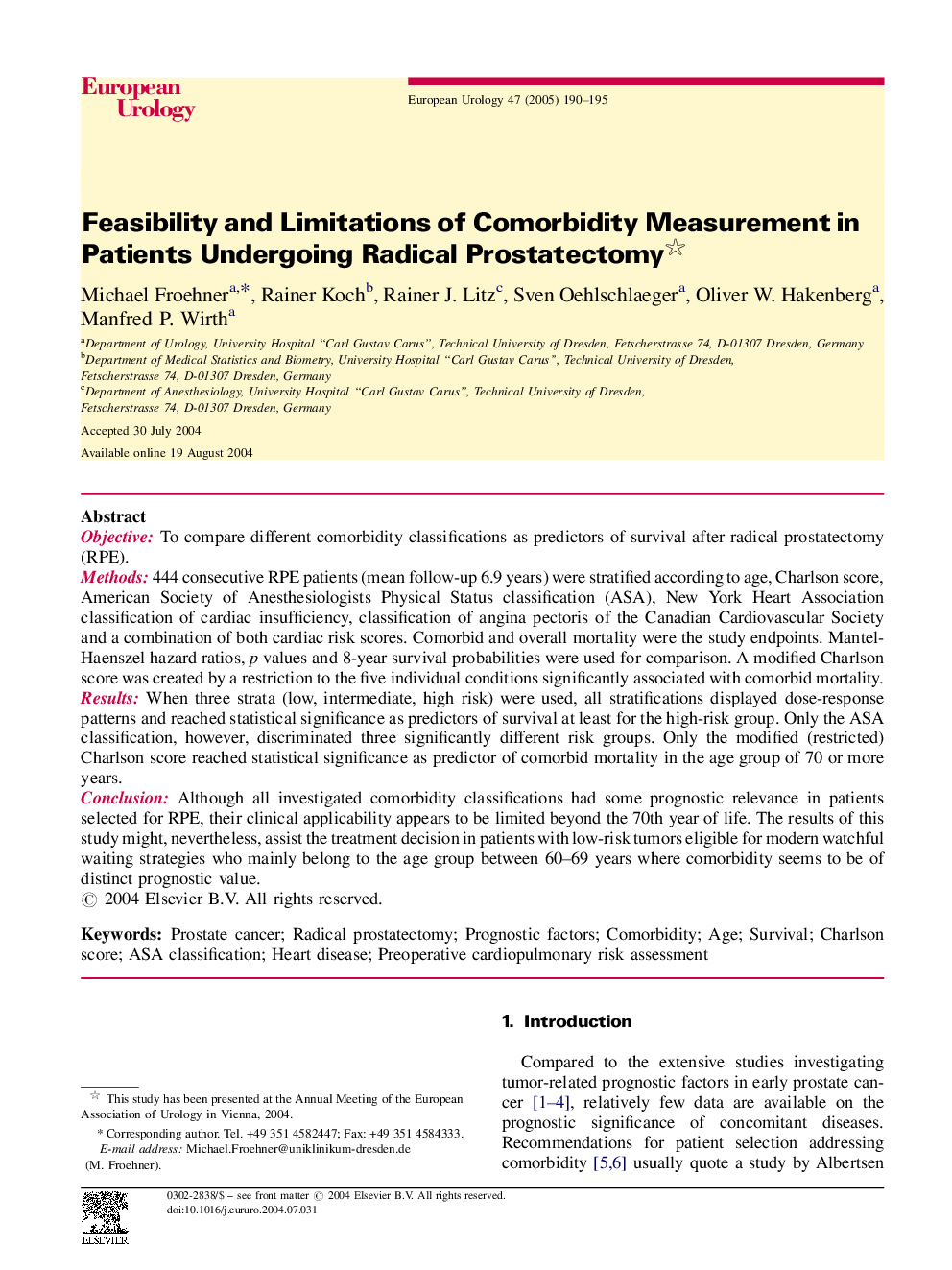 Feasibility and Limitations of Comorbidity Measurement in Patients Undergoing Radical Prostatectomy