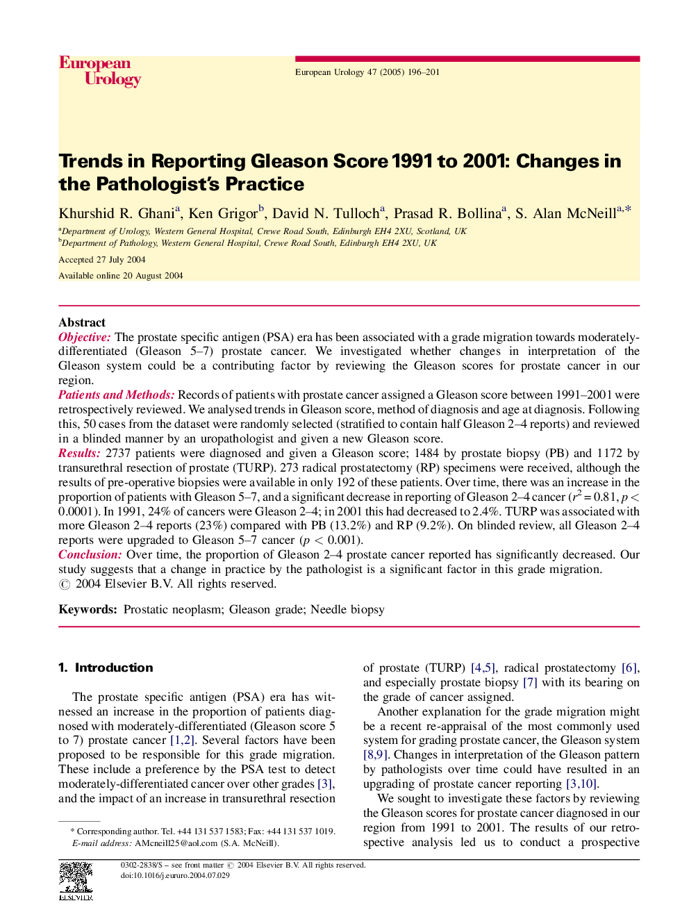عکس صفحه اول مقاله: Trends in Reporting Gleason Score 1991 to 2001: Changes in the Pathologist's Practice Trends in Reporting Gleason Score 1991 to 2001: Changes in the Pathologist's Practice