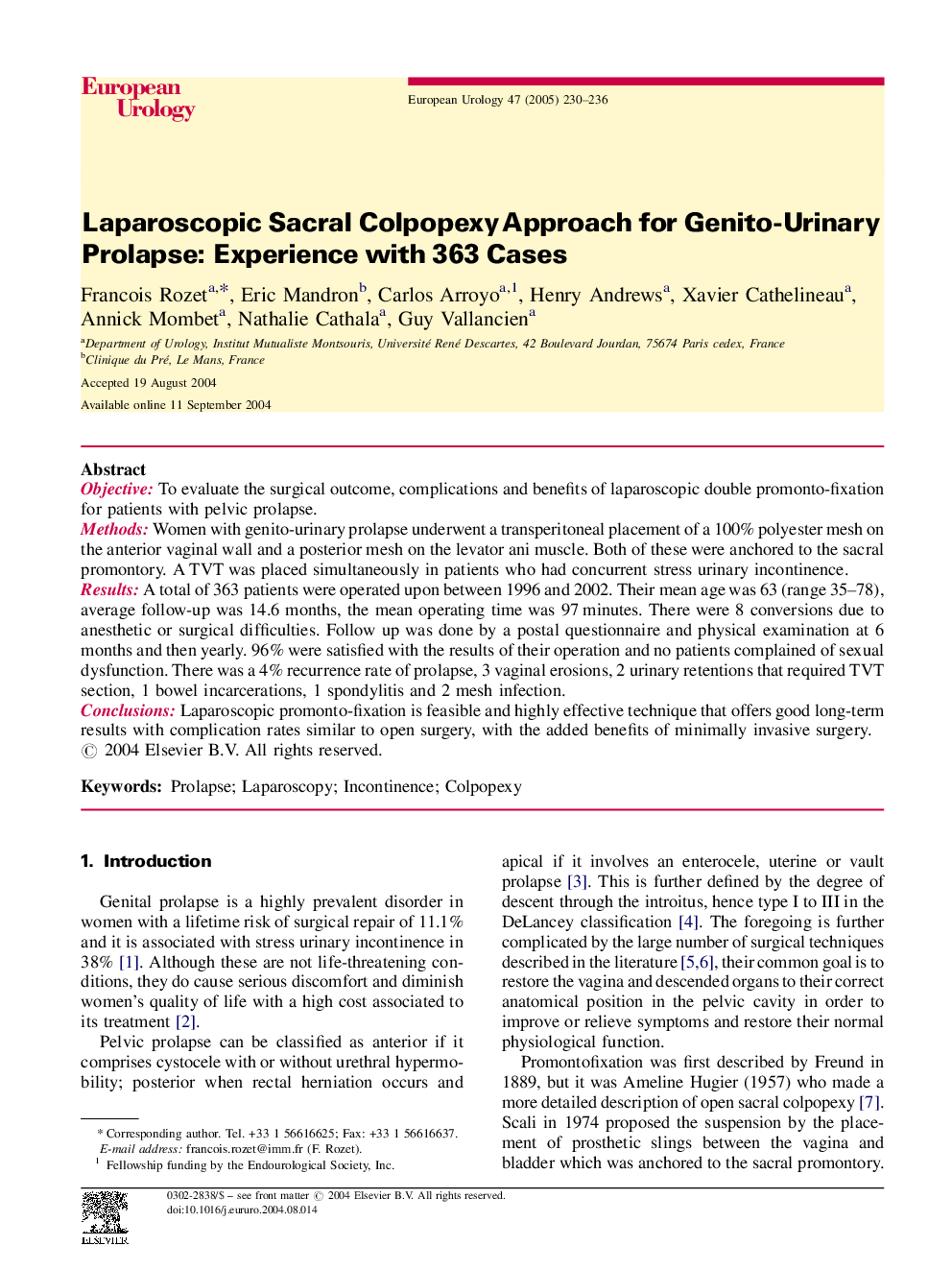 Laparoscopic Sacral Colpopexy Approach for Genito-Urinary Prolapse: Experience with 363 Cases