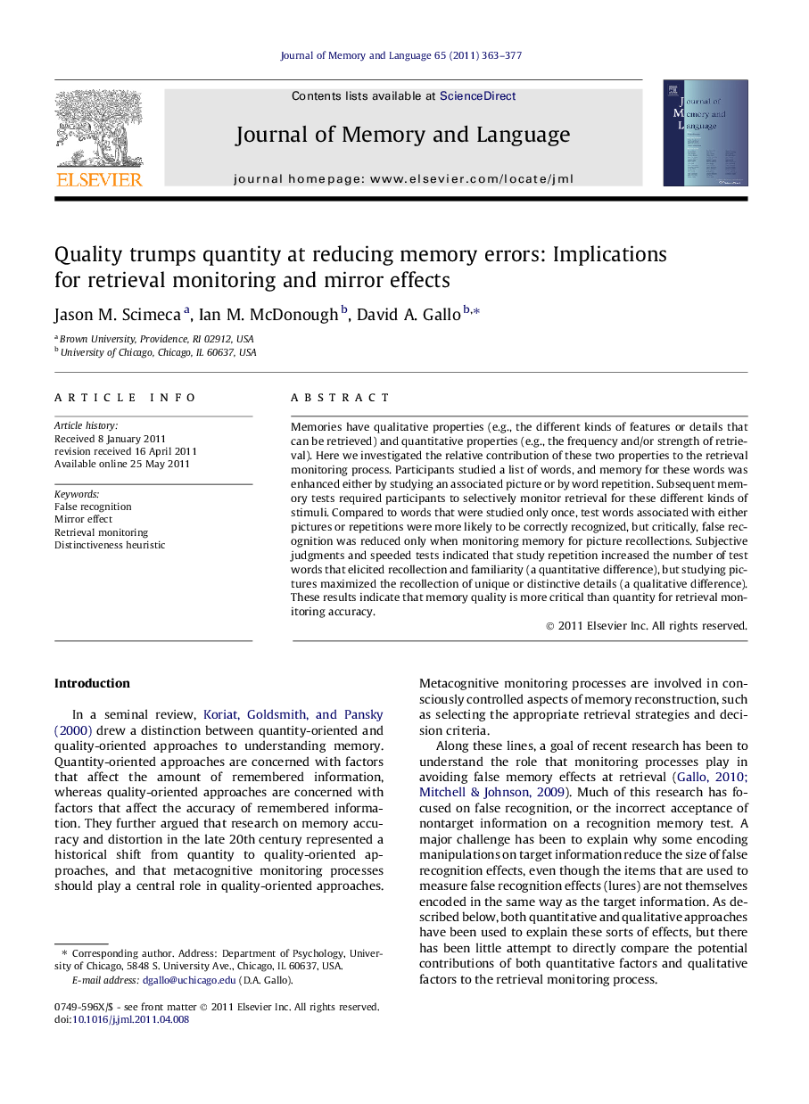 Quality trumps quantity at reducing memory errors: Implications for retrieval monitoring and mirror effects