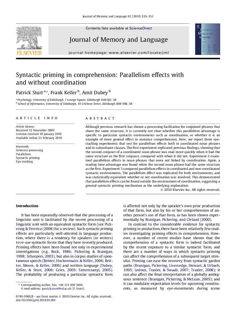 Syntactic priming in comprehension: Parallelism effects with and without coordination