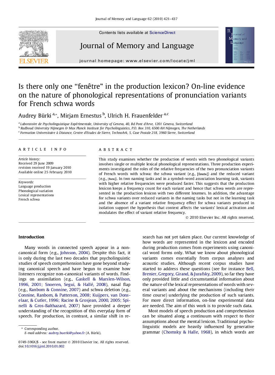 Is there only one “fenêtre” in the production lexicon? On-line evidence on the nature of phonological representations of pronunciation variants for French schwa words