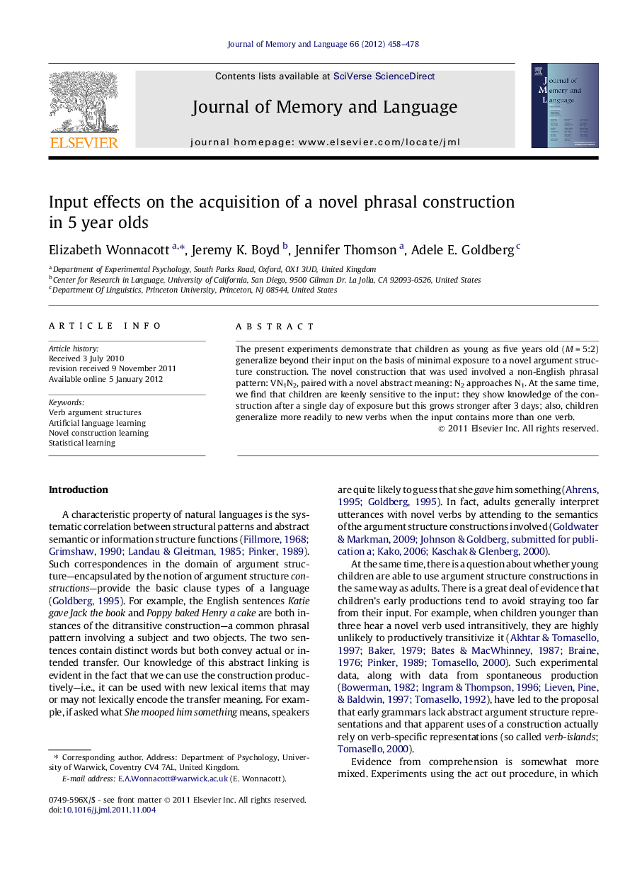 Input effects on the acquisition of a novel phrasal construction in 5 year olds