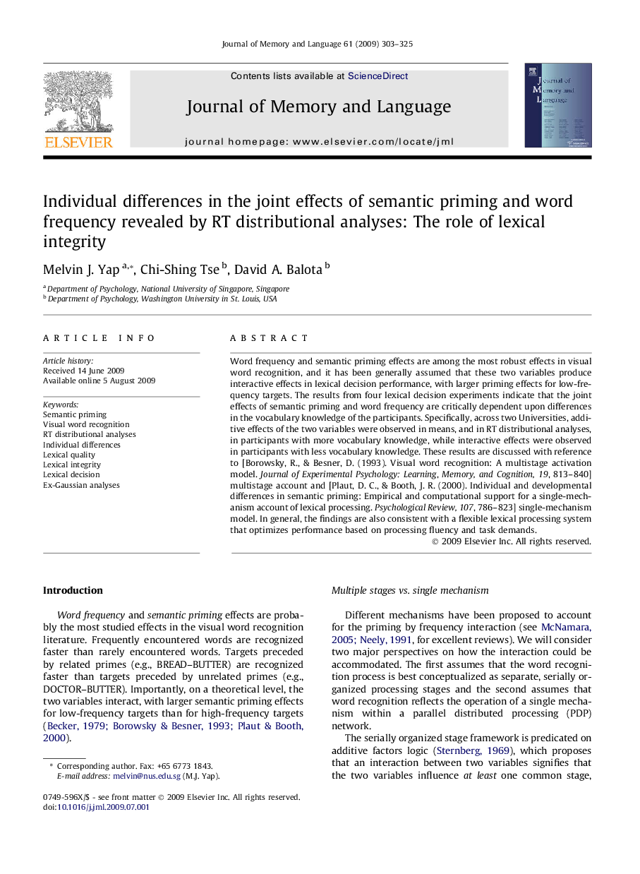 Individual differences in the joint effects of semantic priming and word frequency revealed by RT distributional analyses: The role of lexical integrity