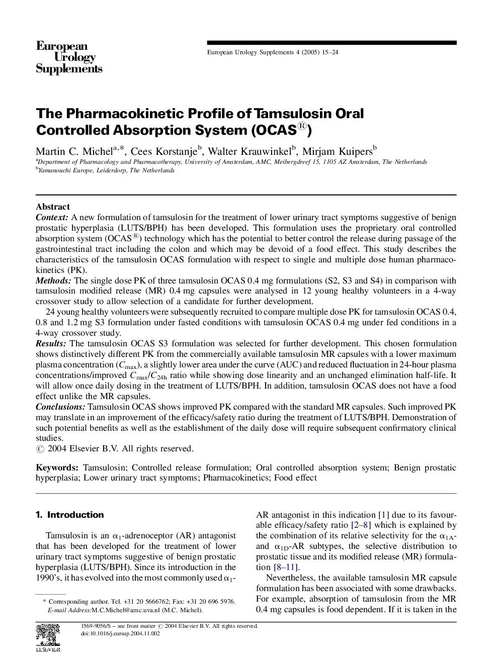 The Pharmacokinetic Profile of Tamsulosin Oral Controlled Absorption System (OCAS®)
