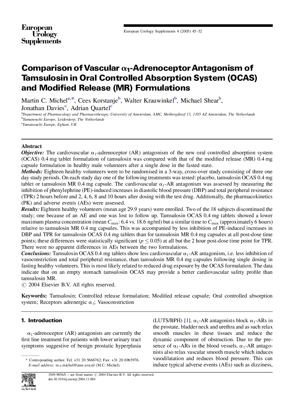 Comparison of Vascular Î±1-Adrenoceptor Antagonism of Tamsulosin in Oral Controlled Absorption System (OCAS) and Modified Release (MR) Formulations
