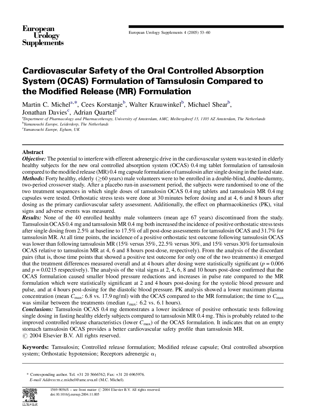 Cardiovascular Safety of the Oral Controlled Absorption System (OCAS) Formulation of Tamsulosin Compared to the Modified Release (MR) Formulation